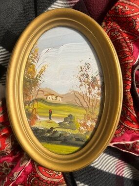 Small Gold Framed Oval Landscape Wall Art - Green & Gold